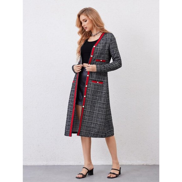 Women’s Long Cardigans Tweed Lightweight Midi Sweater Coat Black White Plaid - Picture 3 of 6